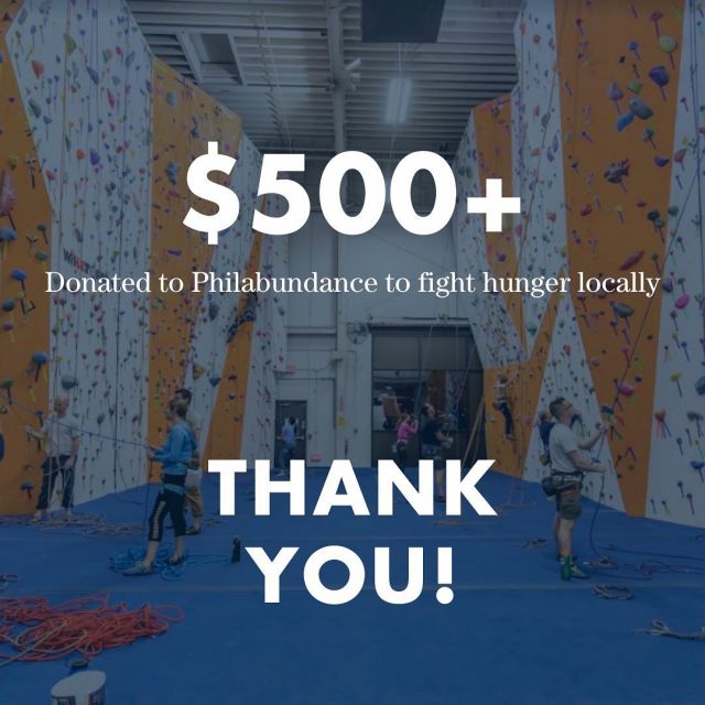In just over a week during the holidays, we were able to raise $541.10 to donate to @philabundance; a local nonprofit that seeks to end hunger locally.

Thank you to everyone who came out and learned to climb with us! You helped Philabundance purchase nearly 1,100 meals for people who face hunger in our community. 

Thank you!